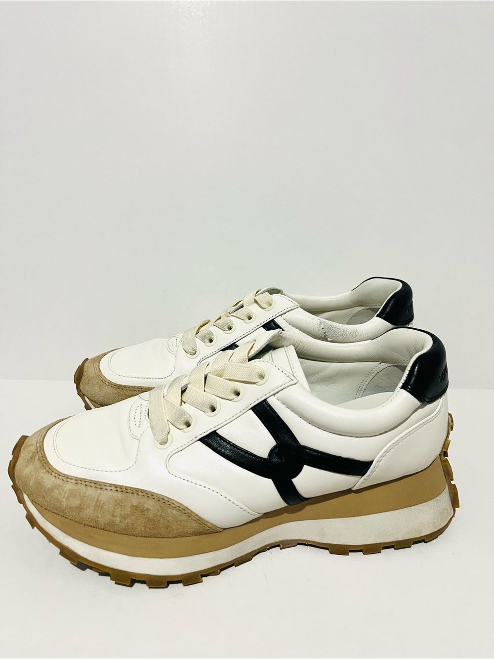Veronica Beard Valentina White Leather Platform Sneakers with Black Accent